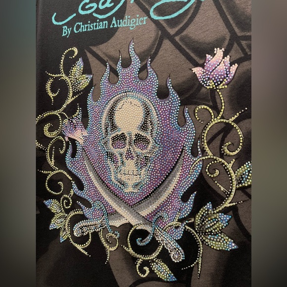 Ed Hardy Shirt Vintage Y2K Size Small Rhinestone Skull Koi Fish Rare Multi Print - Picture 13 of 16